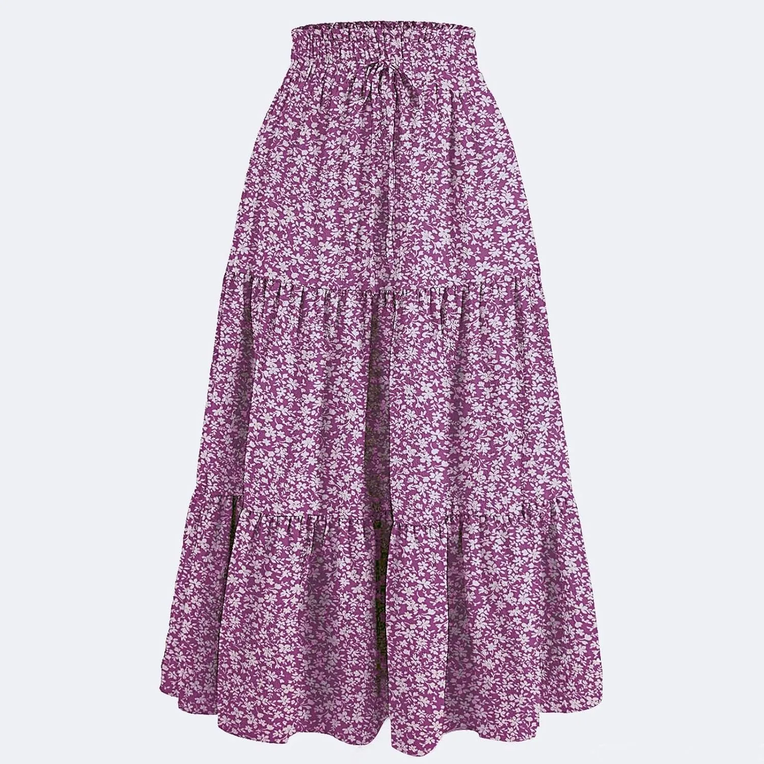 Boho Floral Maxi Skirt for Women Summer Elastic High Waisted Skirts Vacation A-Line Tiered Flowy Swing Long Skirts