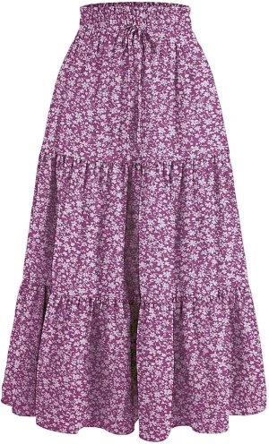 Boho Floral Maxi Skirt for Women Summer Elastic High Waisted Skirts Vacation A-Line Tiered Flowy Swing Long Skirts