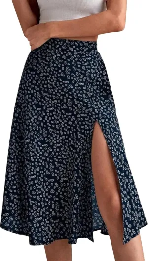 Boho Split Skirts for Women Floral Print Thigh Slit Swing High Waist A Line Midi Skirt Sexy Flared Summer Beach Skirt