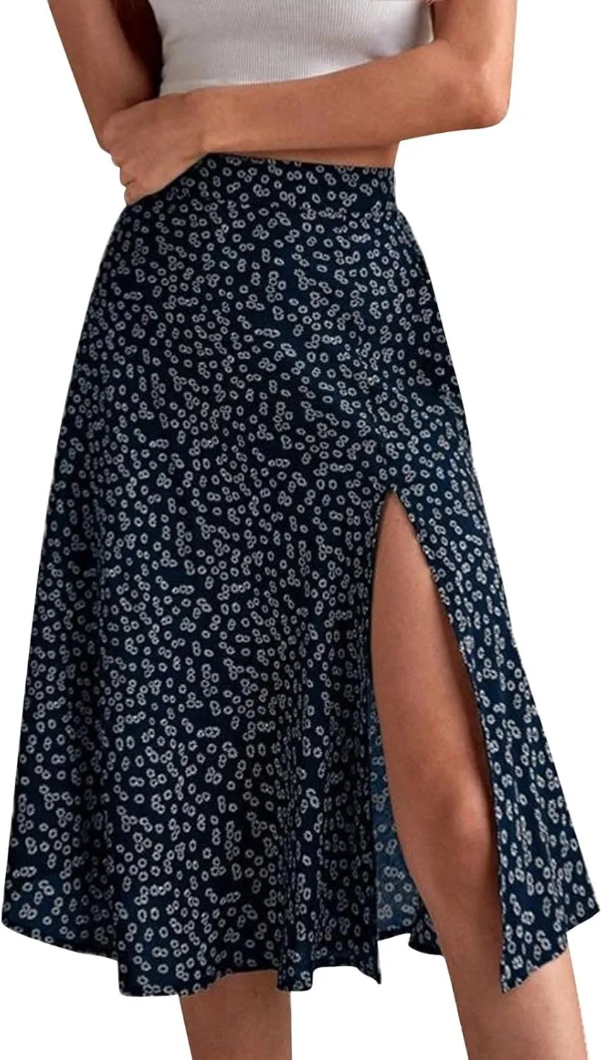 Boho Split Skirts for Women Floral Print Thigh Slit Swing High Waist A Line Midi Skirt Sexy Flared Summer Beach Skirt