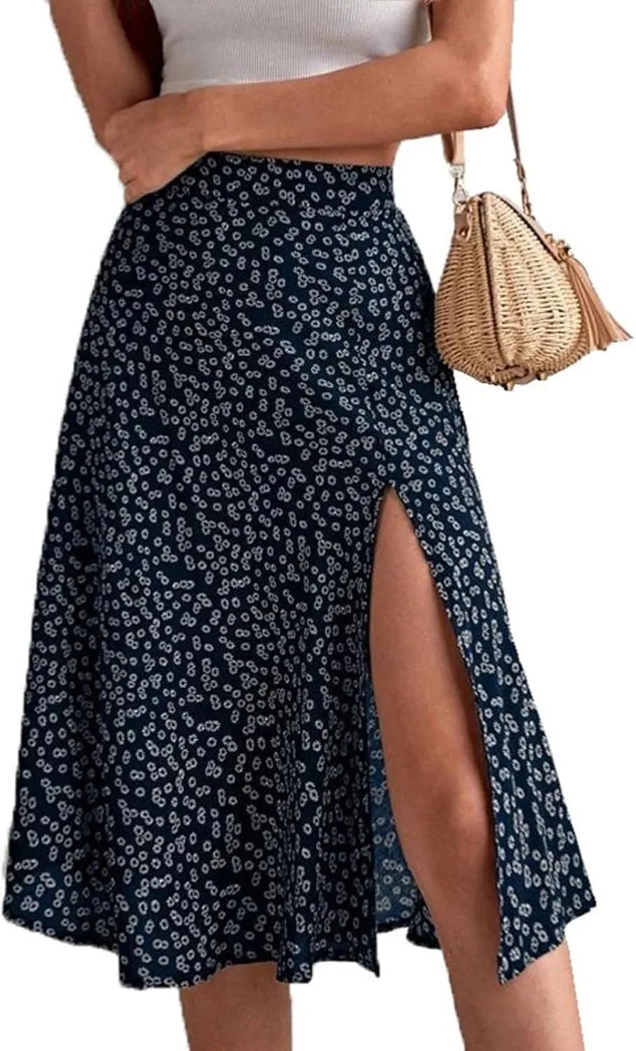 Boho Split Skirts for Women Floral Print Thigh Slit Swing High Waist A Line Midi Skirt Sexy Flared Summer Beach Skirt