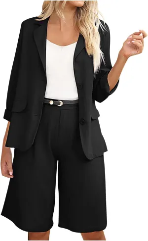 Business Casual Outfits for Women Plus Size 2 Piece Cotton Linen Blazer Sets Open Front Blazers & Suit Shorts