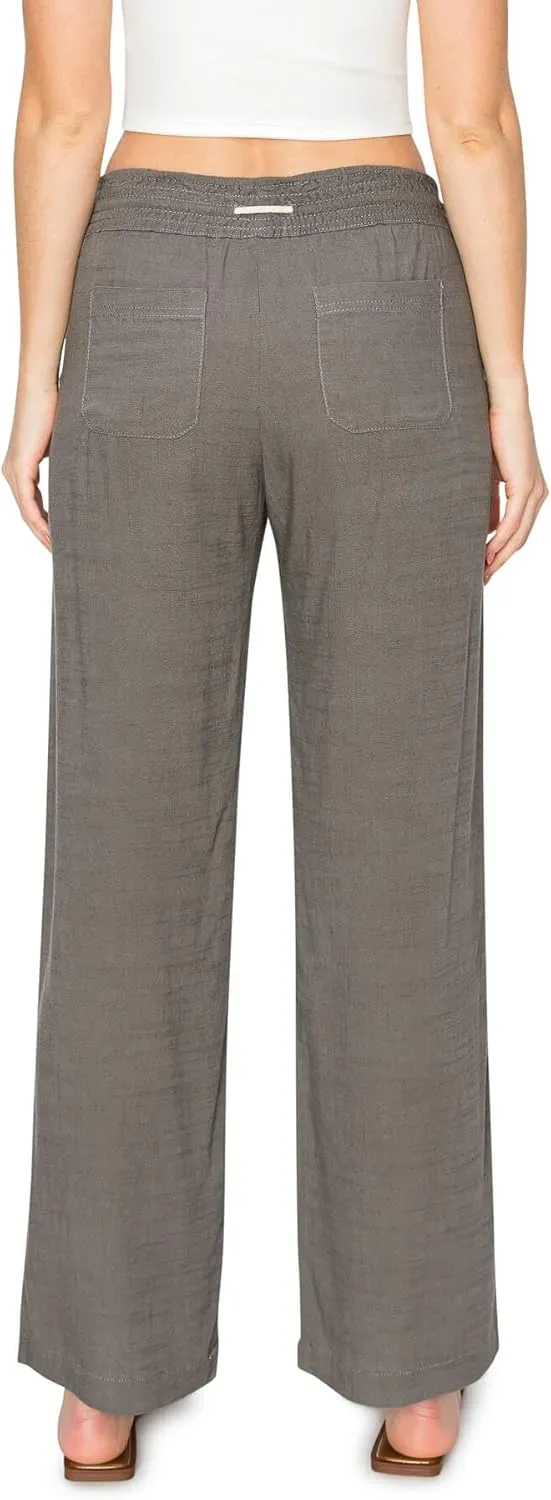 Cali1850 Women's Casual Relaxed Fit 29" Inseam Drawstring High Rise Smocked Linen Pants for Lounge and Beach Wear