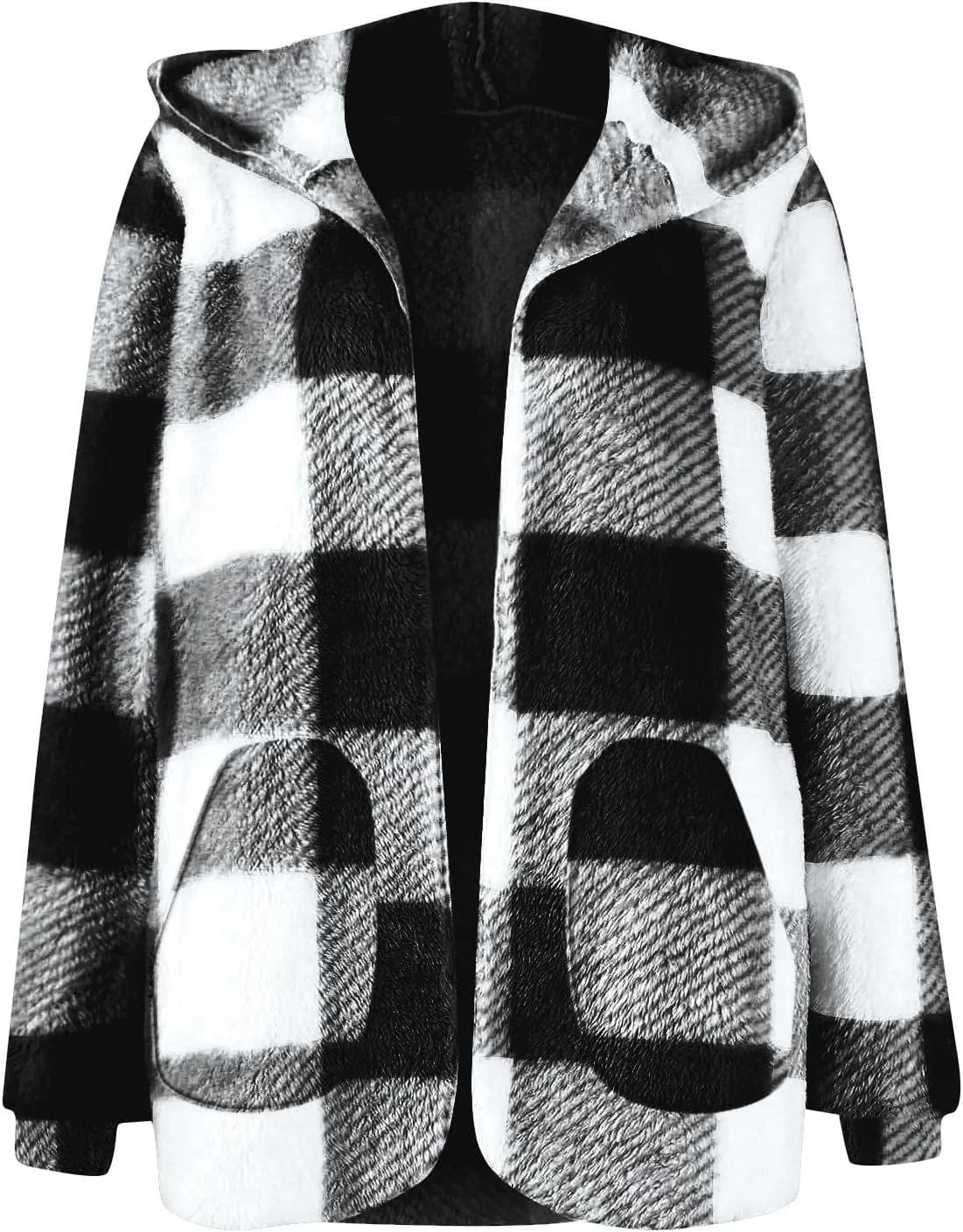 Cardigan for Women Long Oversized Fuzzy Plaid Hooded Cardigans Lightweight Fleece Sherpa Jacket Blanket with Pockets