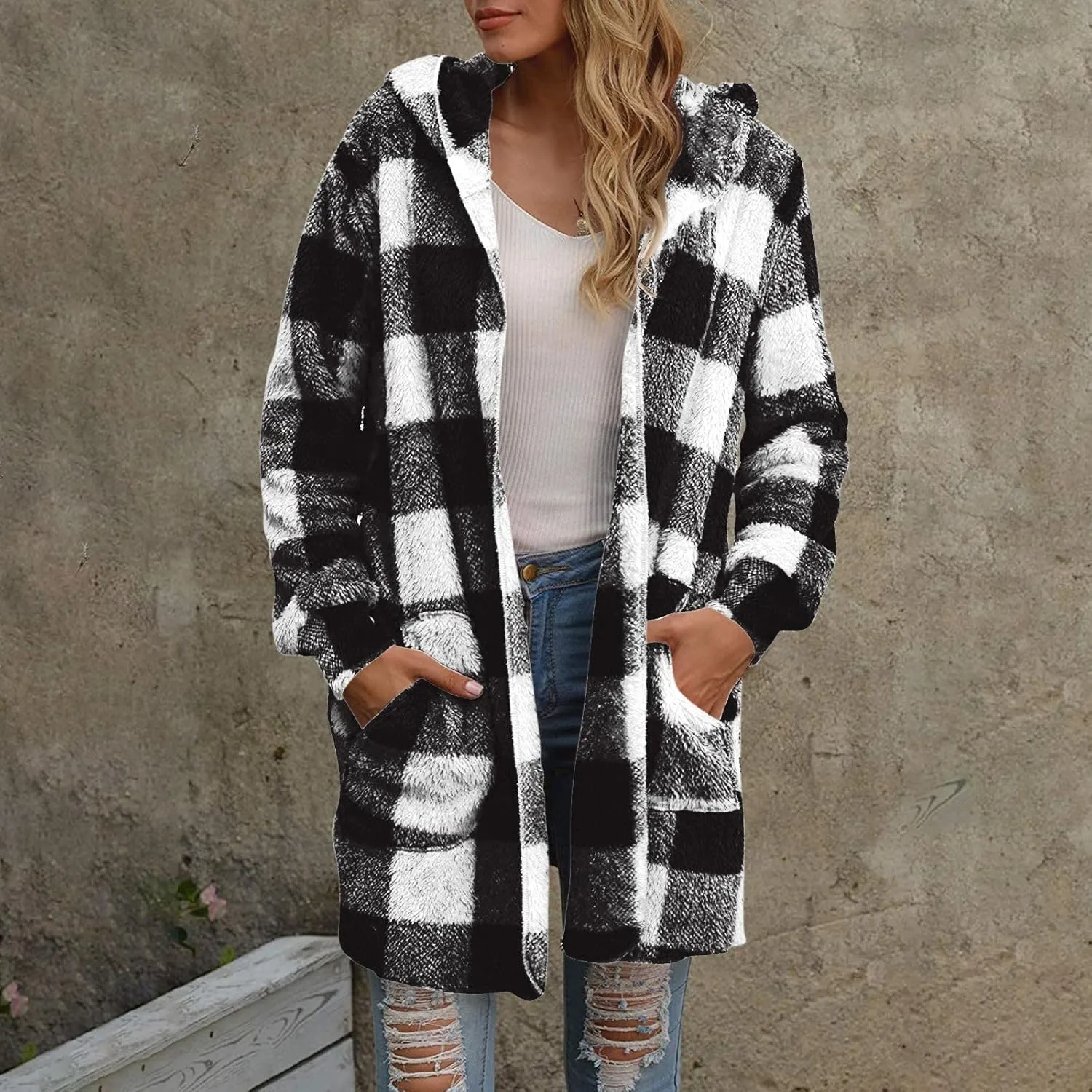 Cardigan for Women Long Oversized Fuzzy Plaid Hooded Cardigans Lightweight Fleece Sherpa Jacket Blanket with Pockets