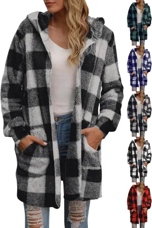 Cardigan for Women Long Oversized Fuzzy Plaid Hooded Cardigans Lightweight Fleece Sherpa Jacket Blanket with Pockets