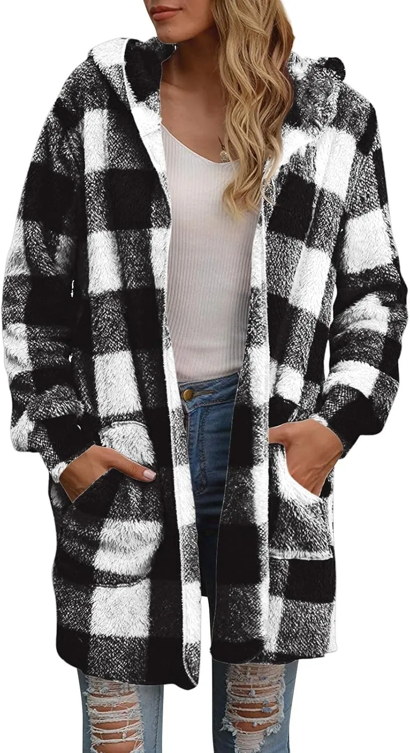 Cardigan for Women Long Oversized Fuzzy Plaid Hooded Cardigans Lightweight Fleece Sherpa Jacket Blanket with Pockets