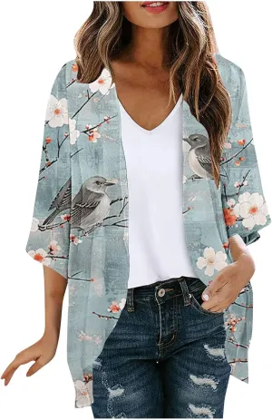 Cardigans for Women Vintage Floral Print Chiffon Cardigans Summer Short Sleeve Loose Fit Beach Wear Cover Up Tops