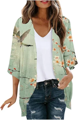 Cardigans for Women Vintage Floral Print Chiffon Cardigans Summer Short Sleeve Loose Fit Beach Wear Cover Up Tops
