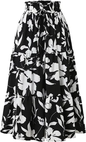 Casual Long Maxi Skirt for Women Summer Trendy Flowy Drawstring High Waist A-Line Floral Boho Skirts Versatile