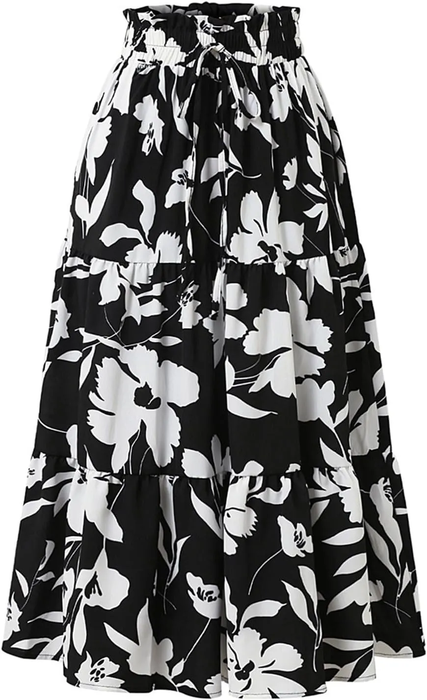Casual Long Maxi Skirt for Women Summer Trendy Flowy Drawstring High Waist A-Line Floral Boho Skirts Versatile