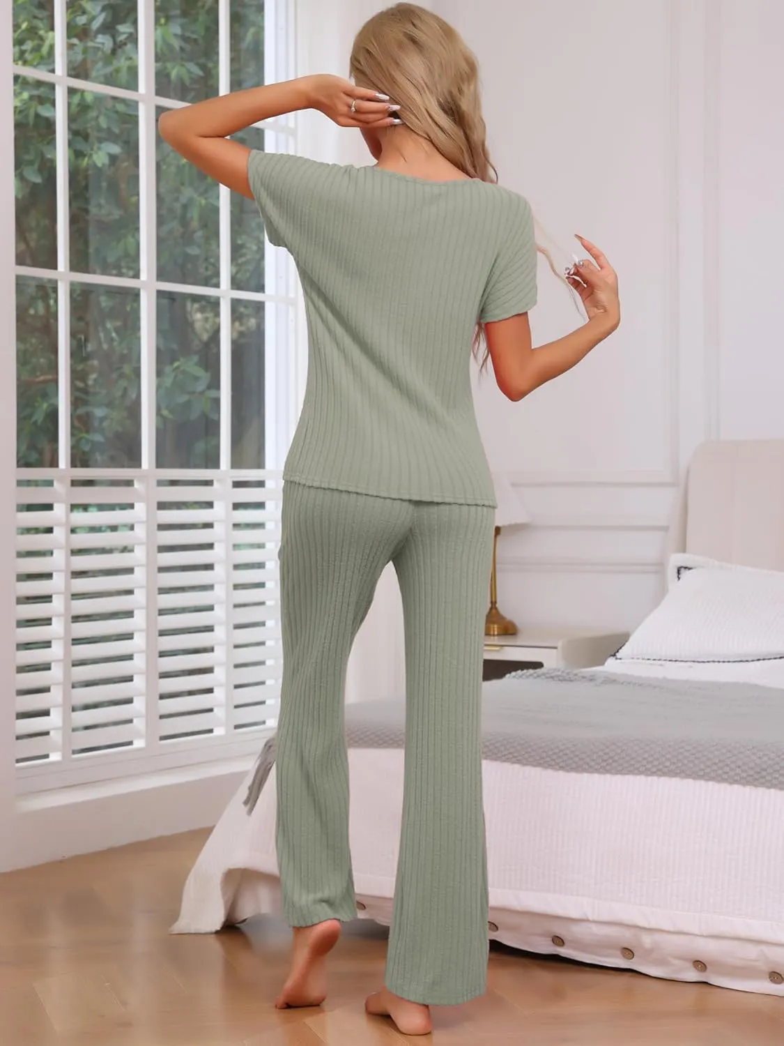 cheibear Womens 2 Piece Set Outfits Ribbed Knit Sweater Pullover Short Sleeve Wide Leg Pant Pajama Sets