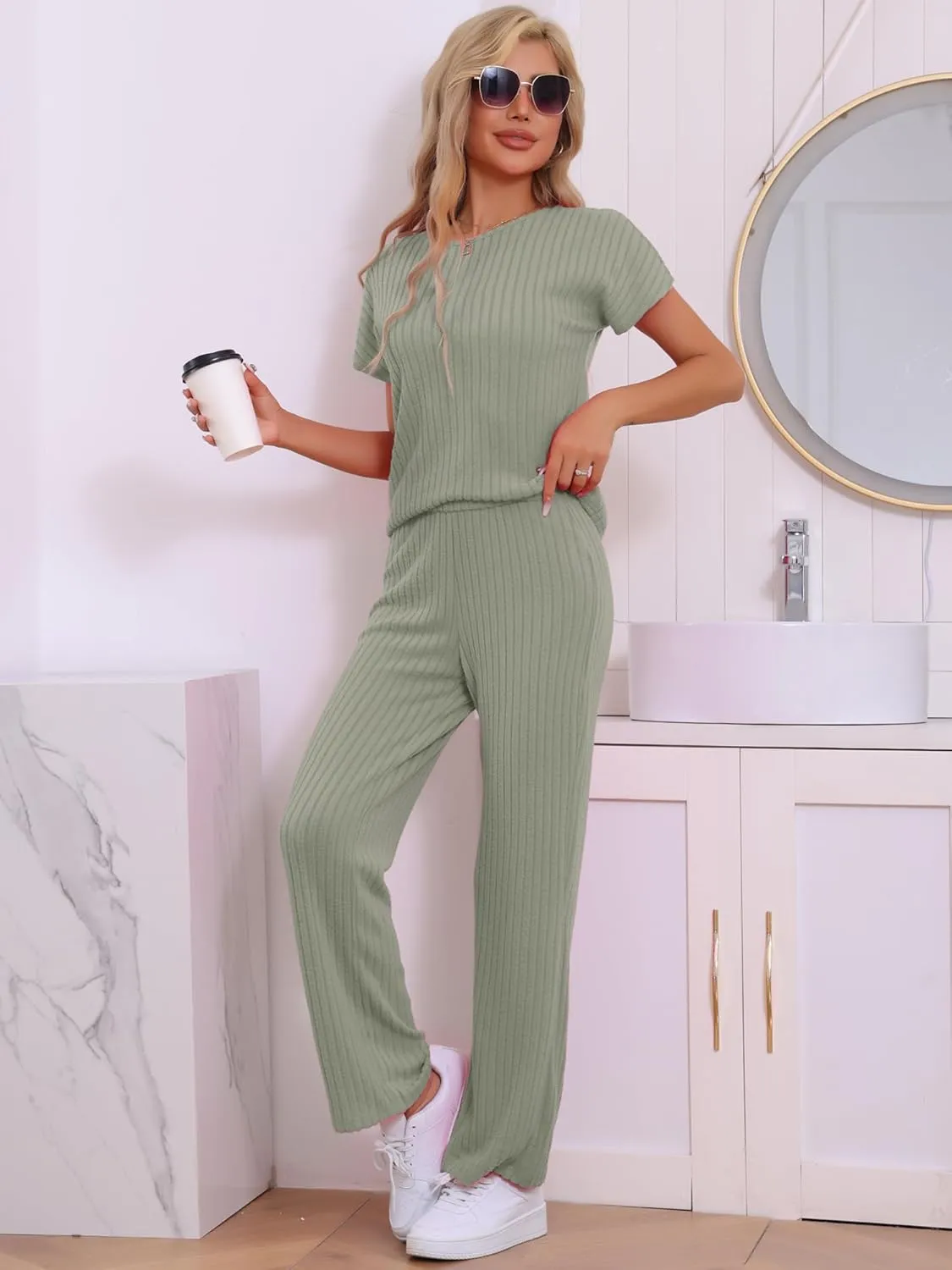 cheibear Womens 2 Piece Set Outfits Ribbed Knit Sweater Pullover Short Sleeve Wide Leg Pant Pajama Sets