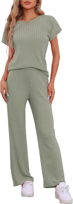 cheibear Womens 2 Piece Set Outfits Ribbed Knit Sweater Pullover Short Sleeve Wide Leg Pant Pajama Sets