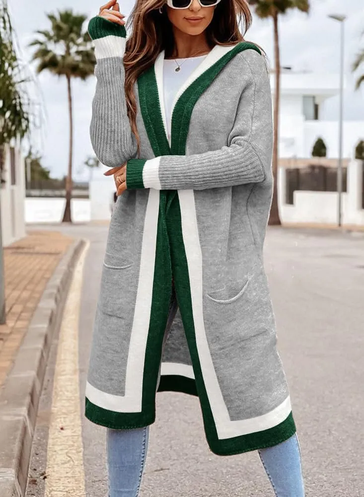 chouyatou Women's Color Block Vertical Striped Open Front Oversized Hooded Long Cardigan Sweaters with Pockets