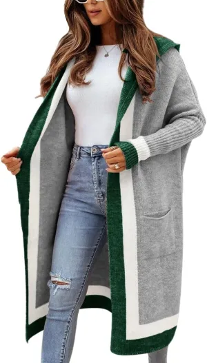 chouyatou Women's Color Block Vertical Striped Open Front Oversized Hooded Long Cardigan Sweaters with Pockets