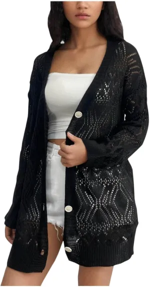 Chunky Knit Cardigans for Women Hollow Out Cardigan Sweater Women's Knitted Solid Color V-Neck Long Sleeve Coat