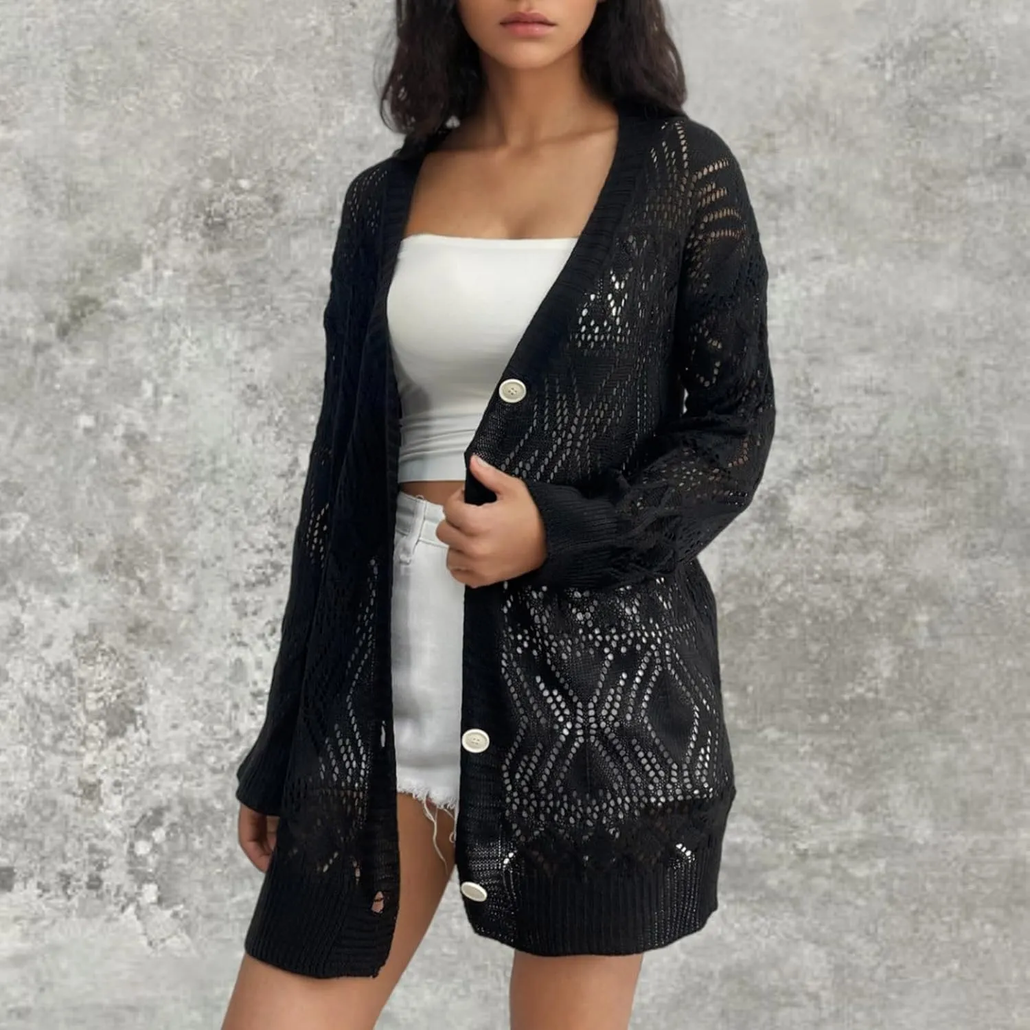 Chunky Knit Cardigans for Women Hollow Out Cardigan Sweater Women's Knitted Solid Color V-Neck Long Sleeve Coat