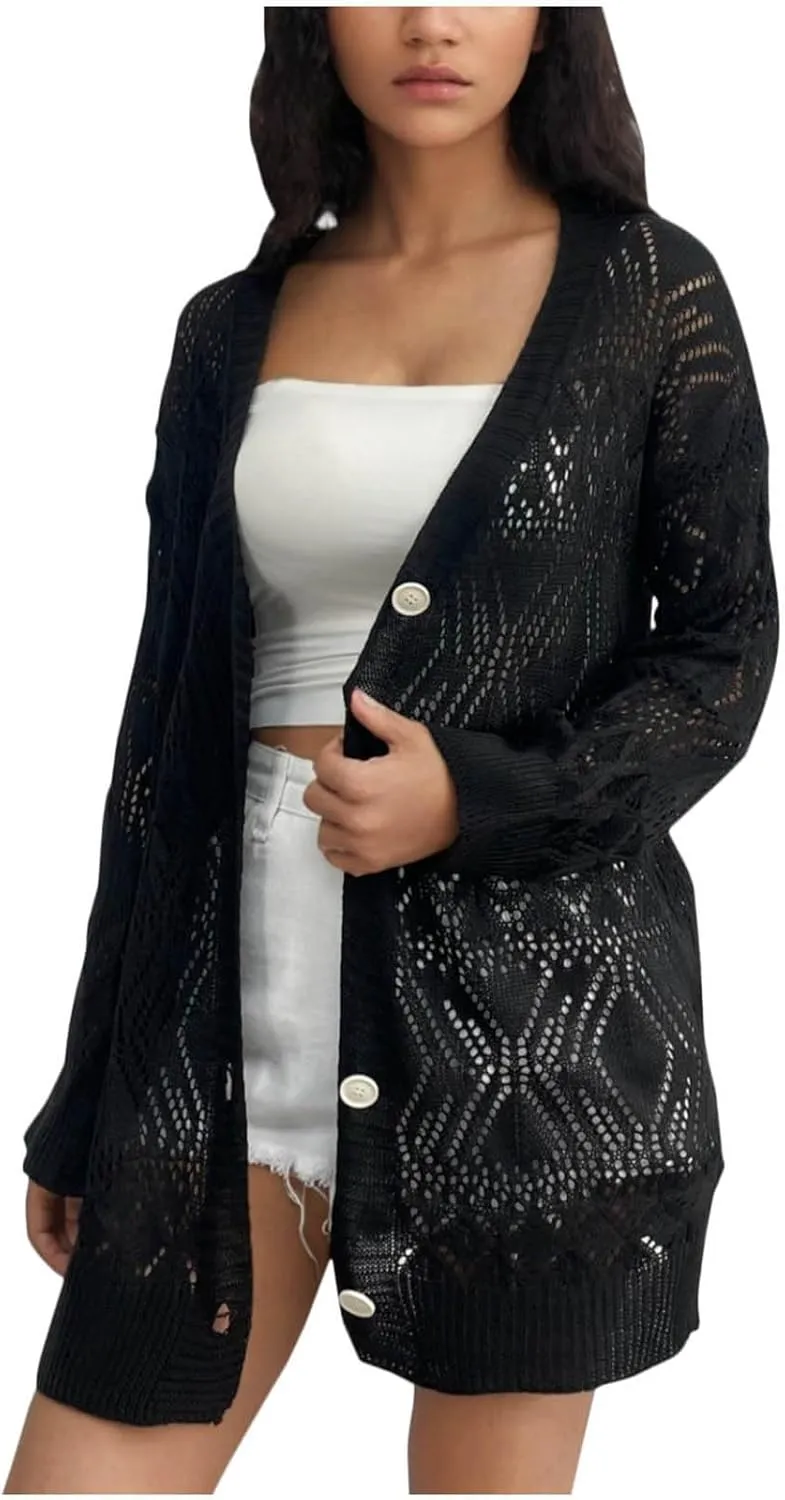 Chunky Knit Cardigans for Women Hollow Out Cardigan Sweater Women's Knitted Solid Color V-Neck Long Sleeve Coat