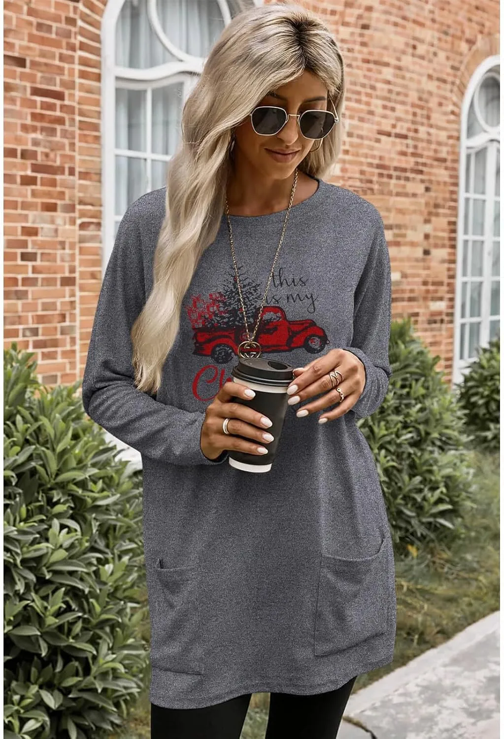 CM C&M WODRO Christmas Movie Long Sleeve Shirt Women Tops This is My Xmas Watching Sweatshirt Tree Truck Graphic Pullover Tee