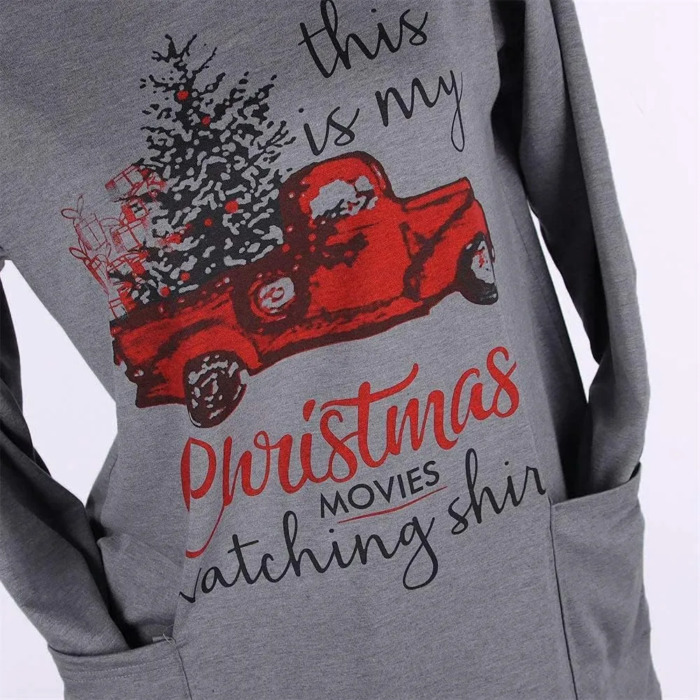 CM C&M WODRO Christmas Movie Long Sleeve Shirt Women Tops This is My Xmas Watching Sweatshirt Tree Truck Graphic Pullover Tee