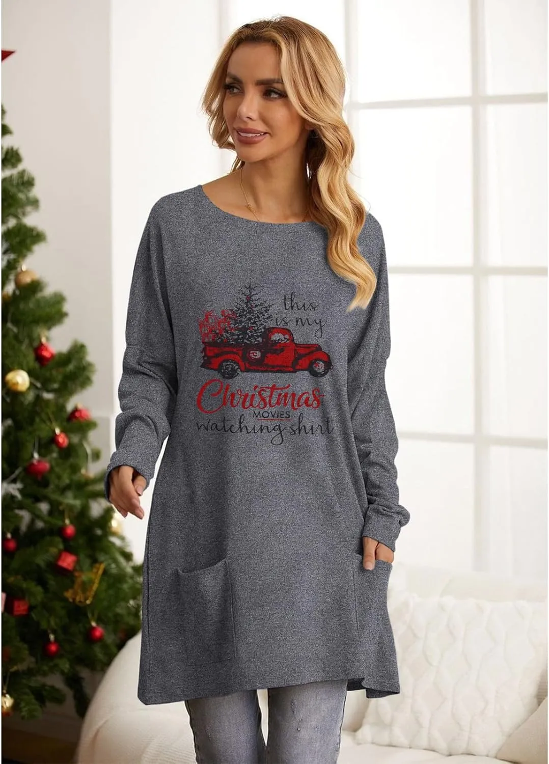 CM C&M WODRO Christmas Movie Long Sleeve Shirt Women Tops This is My Xmas Watching Sweatshirt Tree Truck Graphic Pullover Tee