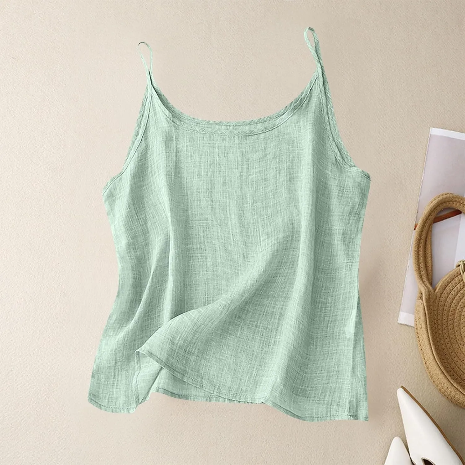 Cotton Linen Camisole Tops for Women Solid Spaghetti Strap Loose Fit Tank Top Summer 2025 Casual Sleeveless Shirts