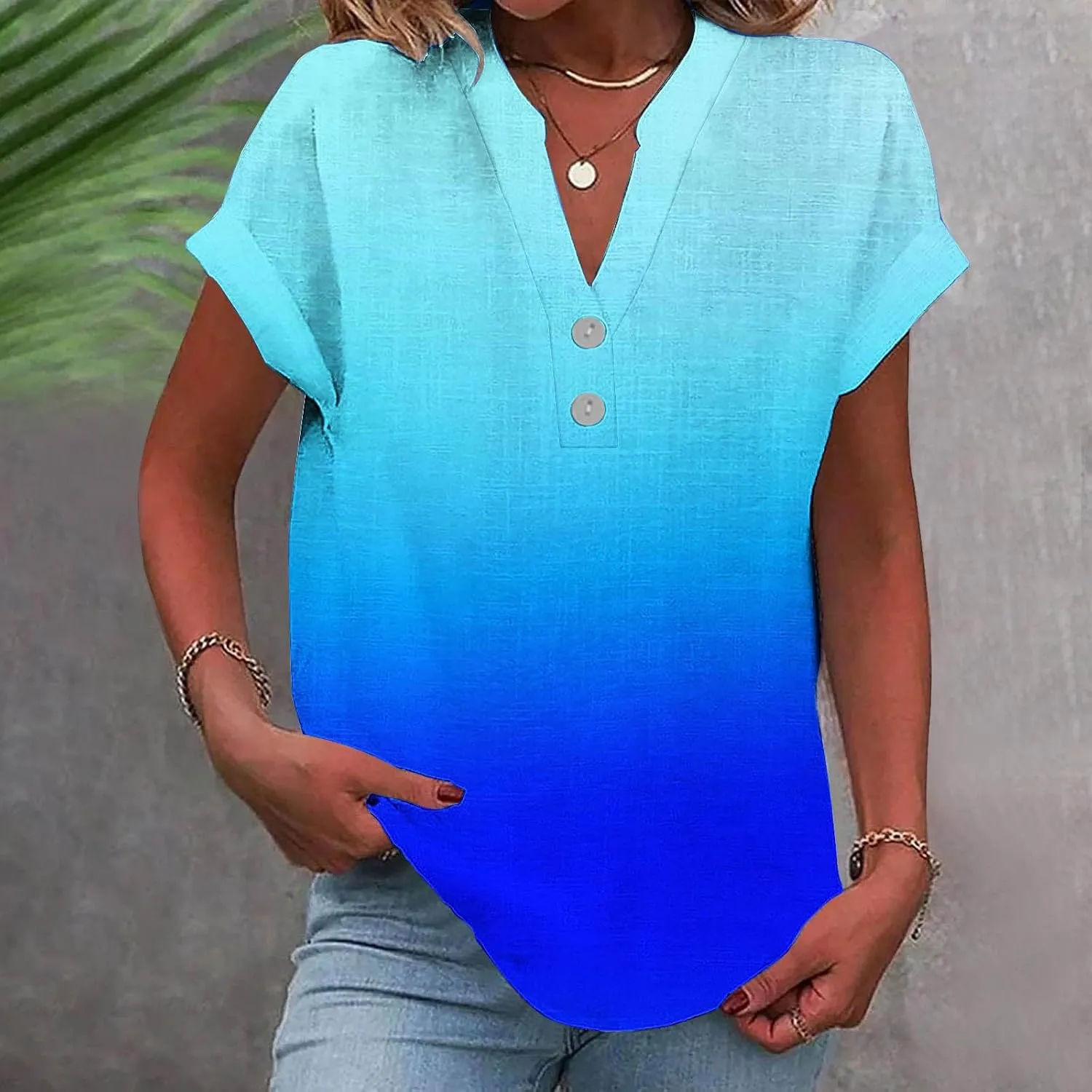 Cotton Linen Shirts for Women Gradient Tops Loose Fit Crewneck Button V Neck Daily Tshirts Summer Shirts Cute Blouse