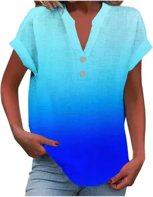 Cotton Linen Shirts for Women Gradient Tops Loose Fit Crewneck Button V Neck Daily Tshirts Summer Shirts Cute Blouse
