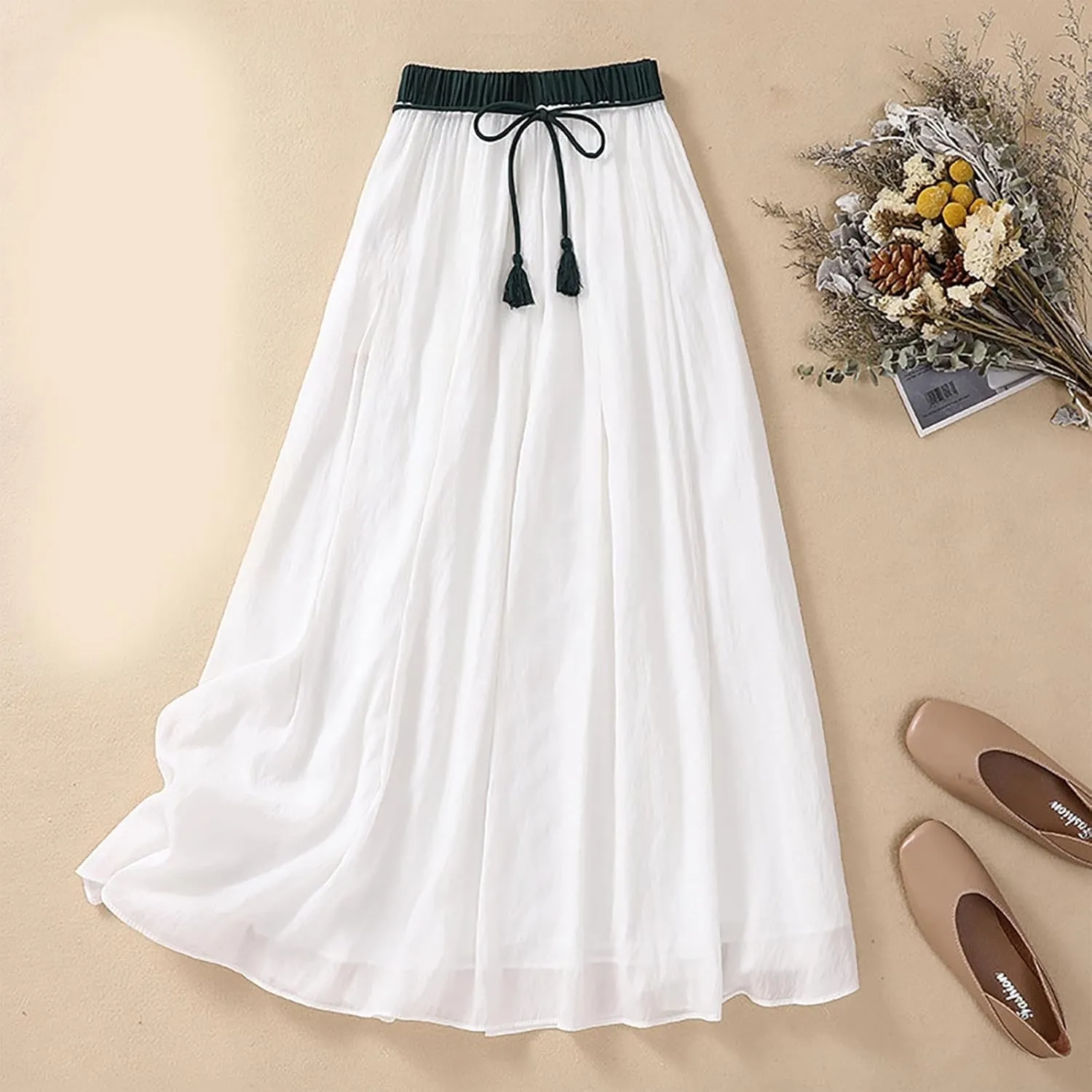 Cotton Linen Skirts Women Summer Flowy Skirts Elastic Waist Drawstring Skirts Beach Vacation Skirts Casual Maxi Skirt