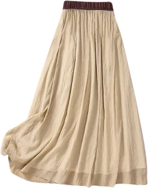Cotton Linen Skirts Women Summer Flowy Skirts Elastic Waist Drawstring Skirts Beach Vacation Skirts Casual Maxi Skirt