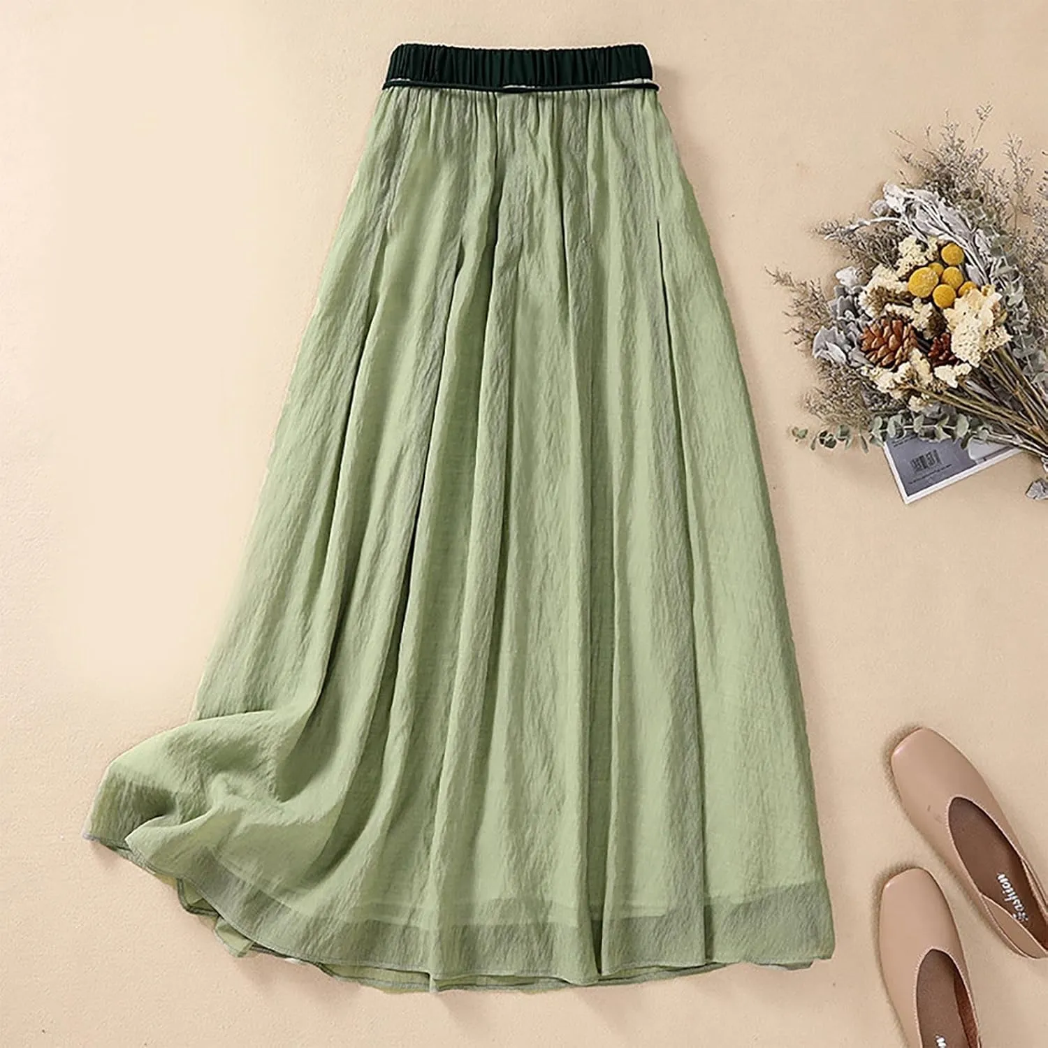 Cotton Linen Skirts Women Summer Flowy Skirts Elastic Waist Drawstring Skirts Beach Vacation Skirts Casual Maxi Skirt