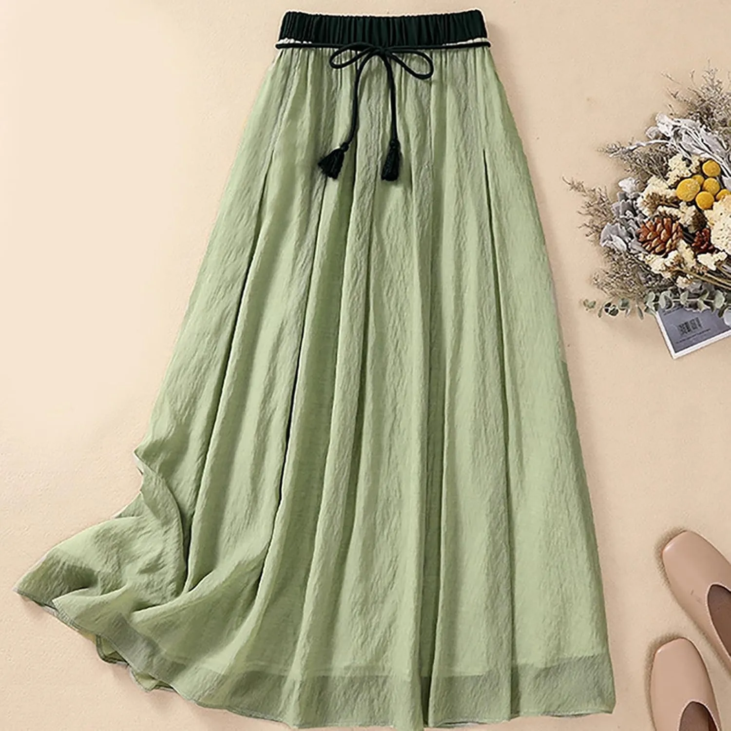 Cotton Linen Skirts Women Summer Flowy Skirts Elastic Waist Drawstring Skirts Beach Vacation Skirts Casual Maxi Skirt