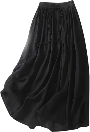 Cotton Linen Skirts Women Summer Flowy Skirts Elastic Waist Drawstring Skirts Beach Vacation Skirts Casual Maxi Skirt