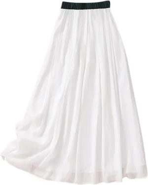 Cotton Linen Skirts Women Summer Flowy Skirts Elastic Waist Drawstring Skirts Beach Vacation Skirts Casual Maxi Skirt