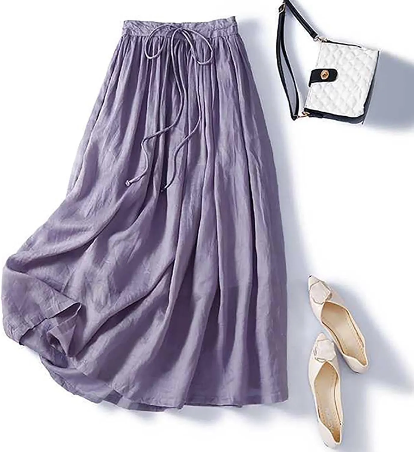 Cotton Linen Skirts Women Summer Flowy Skirts Elastic Waist Drawstring Skirts Beach Vacation Skirts Casual Maxi Skirt