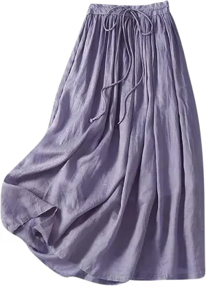 Cotton Linen Skirts Women Summer Flowy Skirts Elastic Waist Drawstring Skirts Beach Vacation Skirts Casual Maxi Skirt