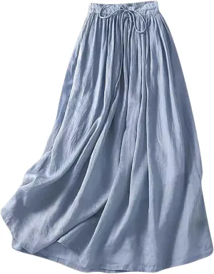 Cotton Linen Skirts Women Summer Flowy Skirts Elastic Waist Drawstring Skirts Beach Vacation Skirts Casual Maxi Skirt