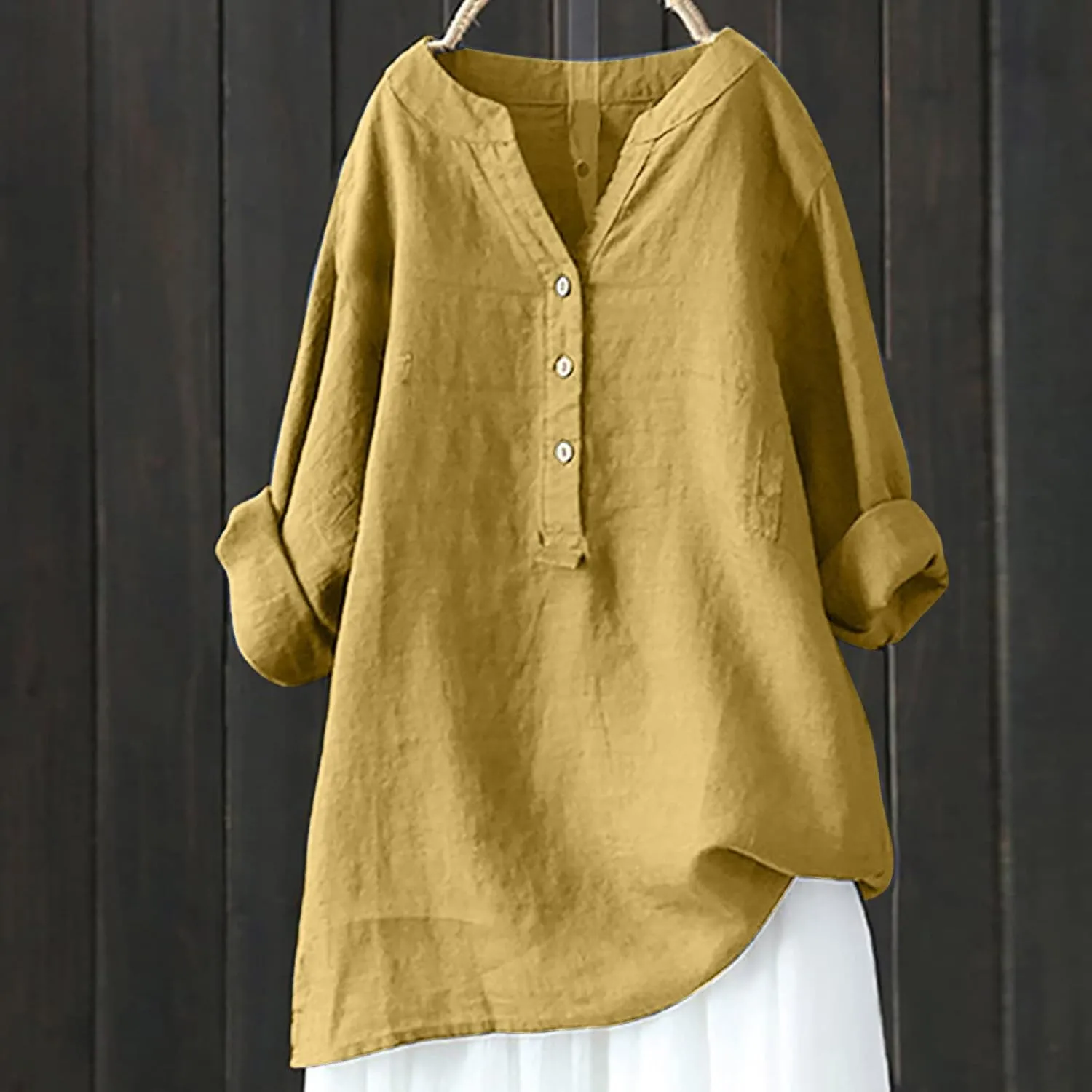Cotton Linen Tops for Women 3/4 Sleeve Loose Fit Shirts Fashion Casual Solid Color V Neck Blouses 2024 Summer Tops