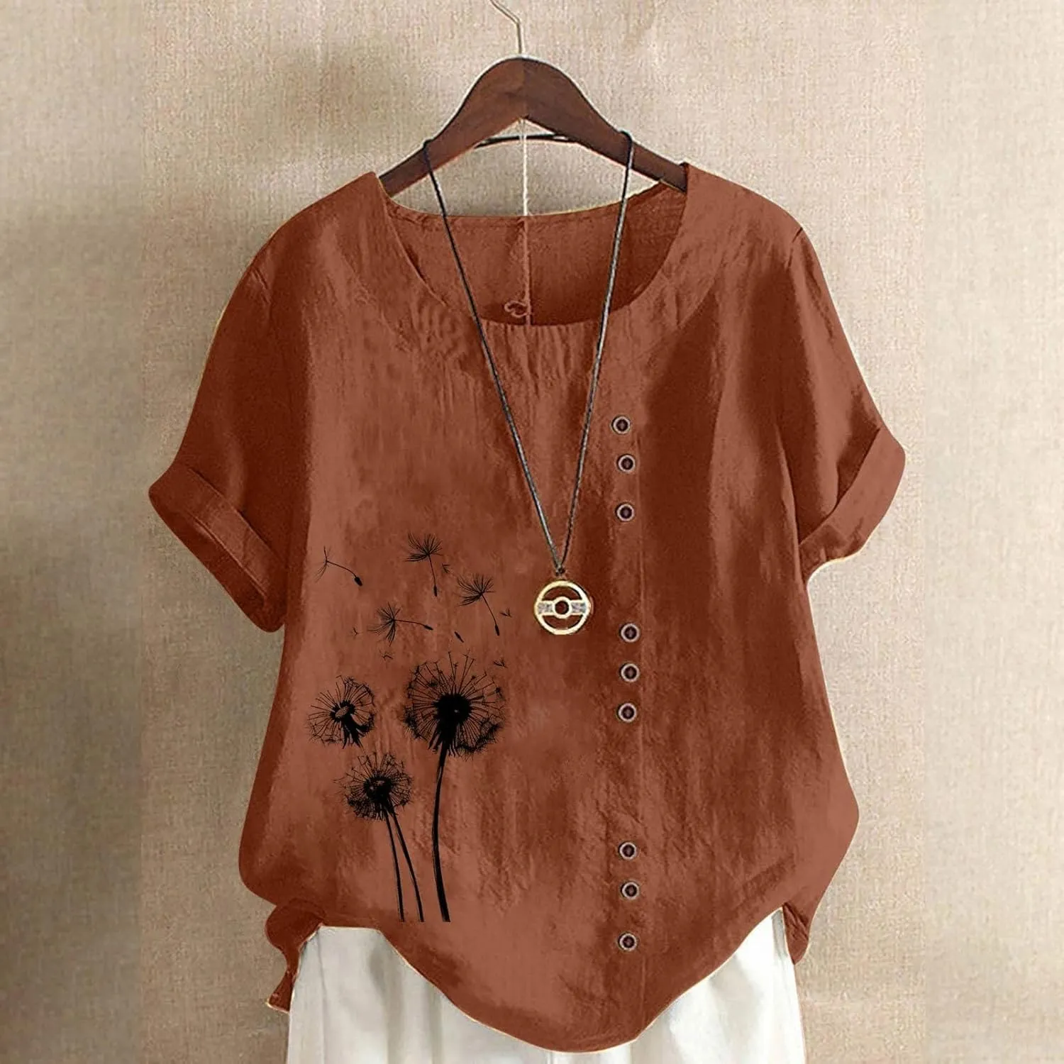 Cotton Linen Tops for Women Loose Fit Casual Roll Up Short Sleeve T-Shirt Cute Floral Print Boho Blouse 2025 Summer