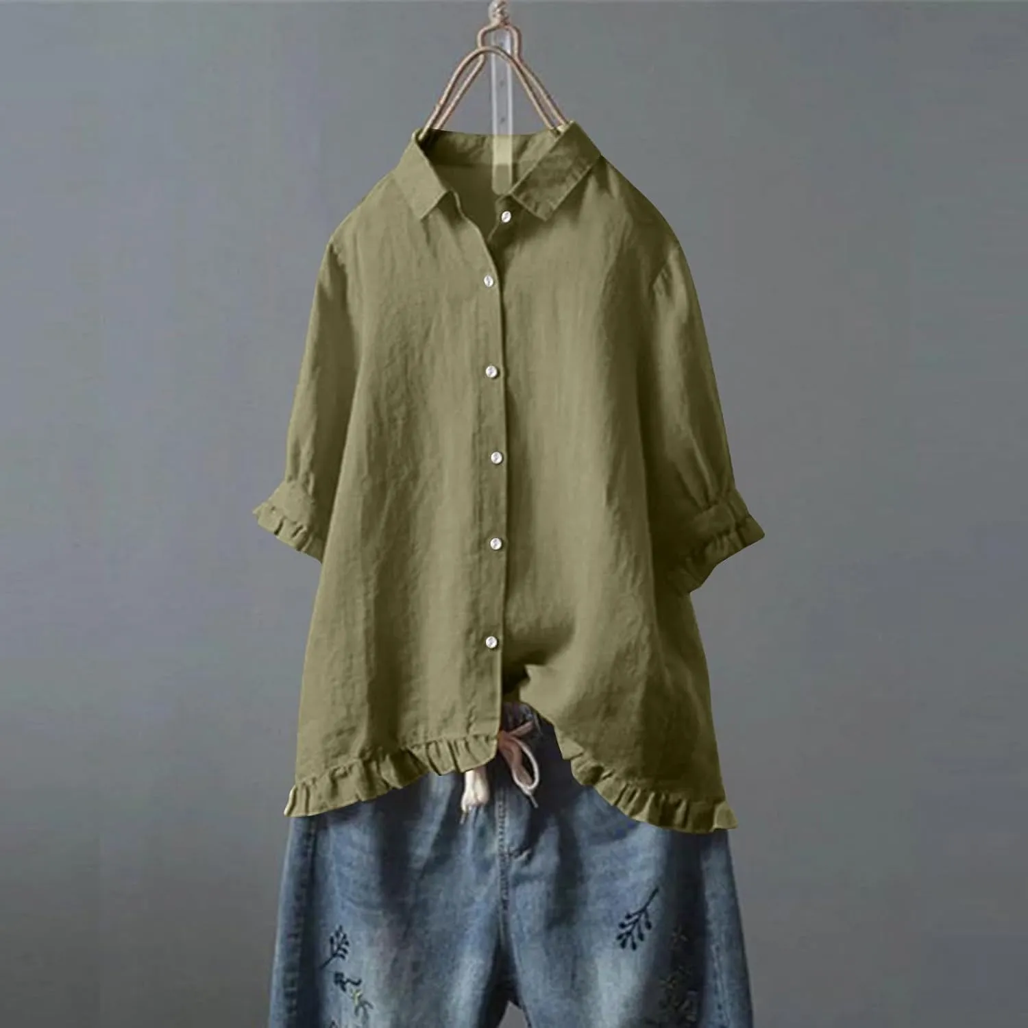 Cotton Linen Tops for Women Plus Size 3/4 Sleeve Shirt Boho Loose fit Tunic Loose Fit Summer Work Oversized Blouse