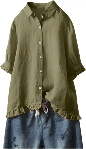 Cotton Linen Tops for Women Plus Size 3/4 Sleeve Shirt Boho Loose fit Tunic Loose Fit Summer Work Oversized Blouse