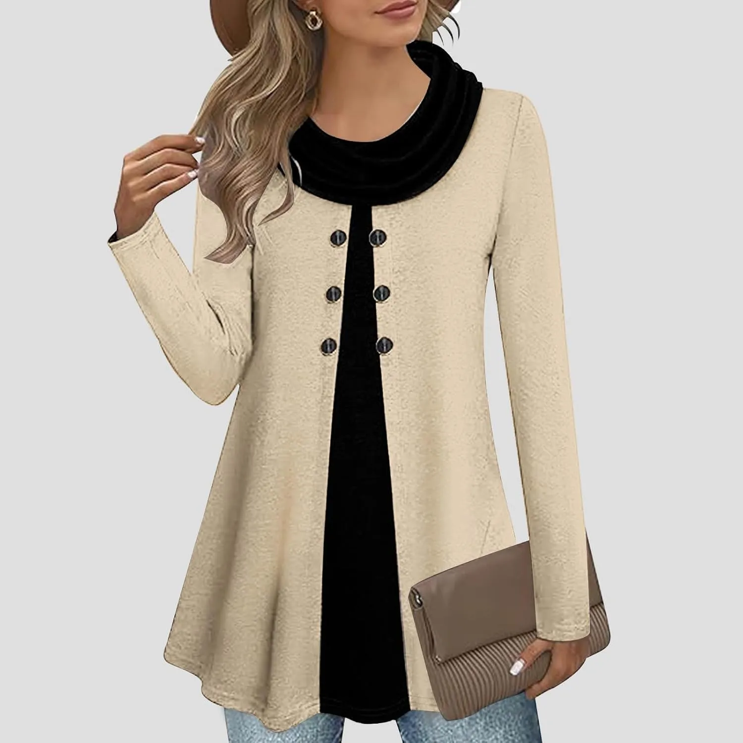Cowl Neck Tops for Women Plus Size Button Down Blouse Casual Trendy Tops Solid Color Tunic Tops Fall Winter Tops