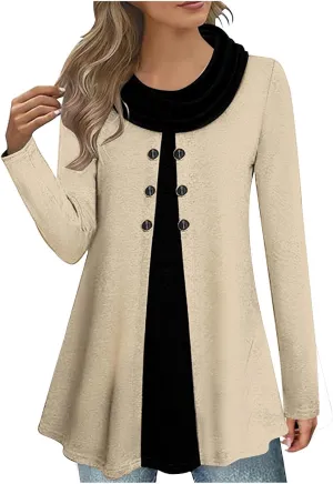 Cowl Neck Tops for Women Plus Size Button Down Blouse Casual Trendy Tops Solid Color Tunic Tops Fall Winter Tops