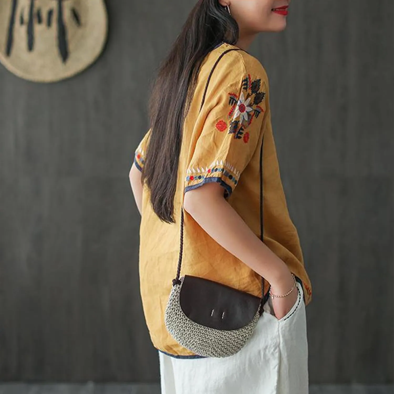 Ctreela Embroidery Cotton Linen Tshirt for Women Plus Size Short Sleeve Summer Attires Boxy Boho Shirt with Round Neck