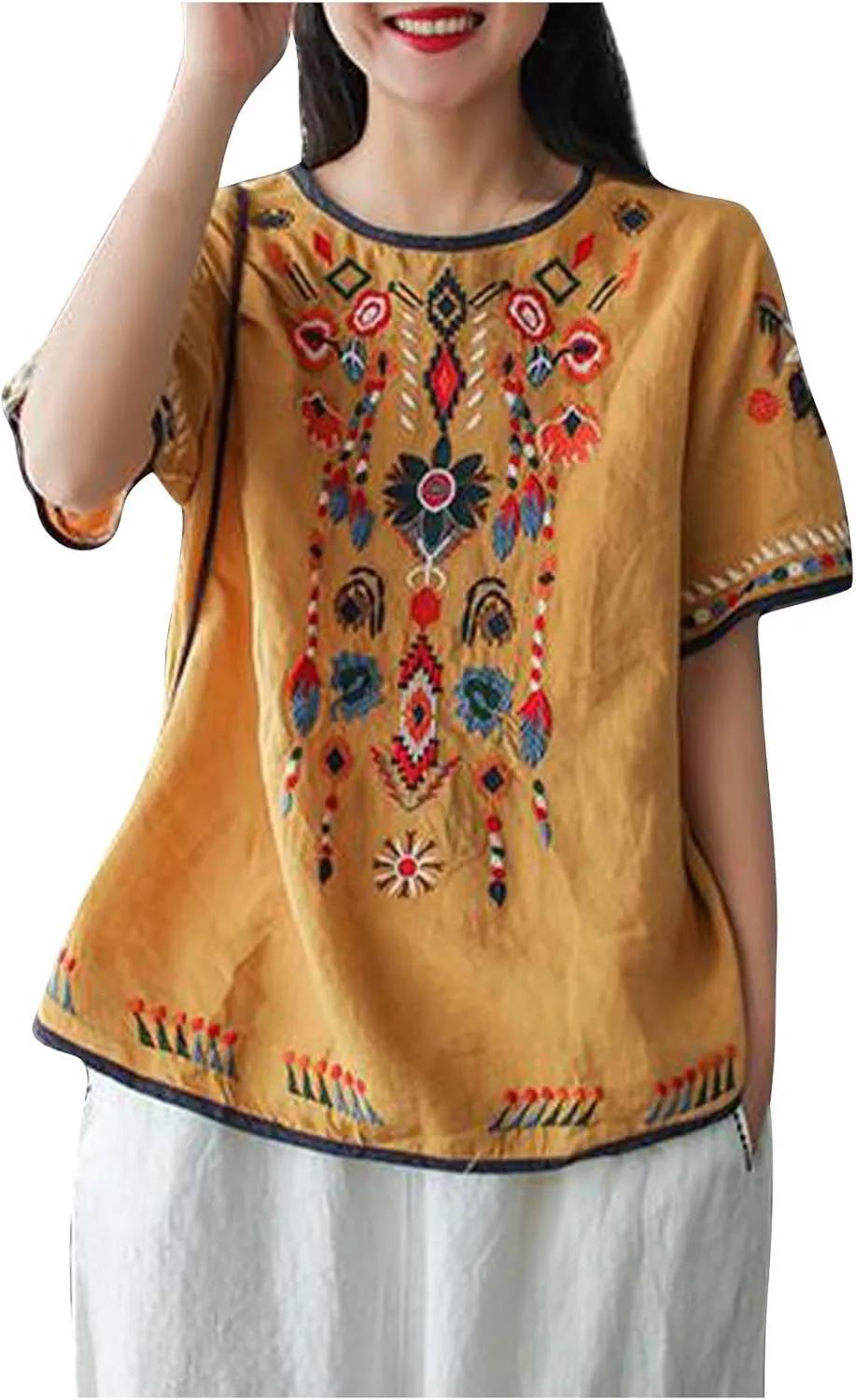 Ctreela Embroidery Cotton Linen Tshirt for Women Plus Size Short Sleeve Summer Attires Boxy Boho Shirt with Round Neck