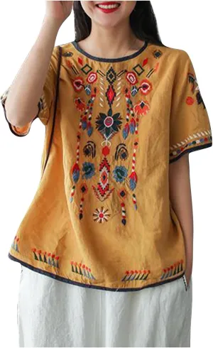Ctreela Embroidery Cotton Linen Tshirt for Women Plus Size Short Sleeve Summer Attires Boxy Boho Shirt with Round Neck