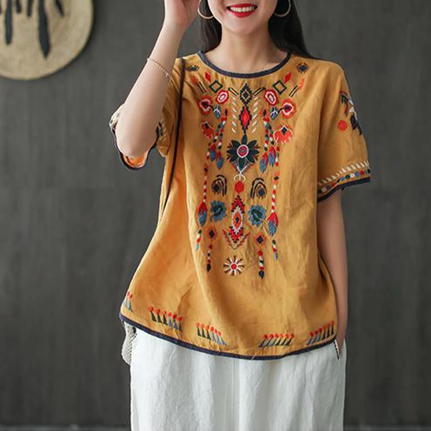 Ctreela Embroidery Cotton Linen Tshirt for Women Plus Size Short Sleeve Summer Attires Boxy Boho Shirt with Round Neck