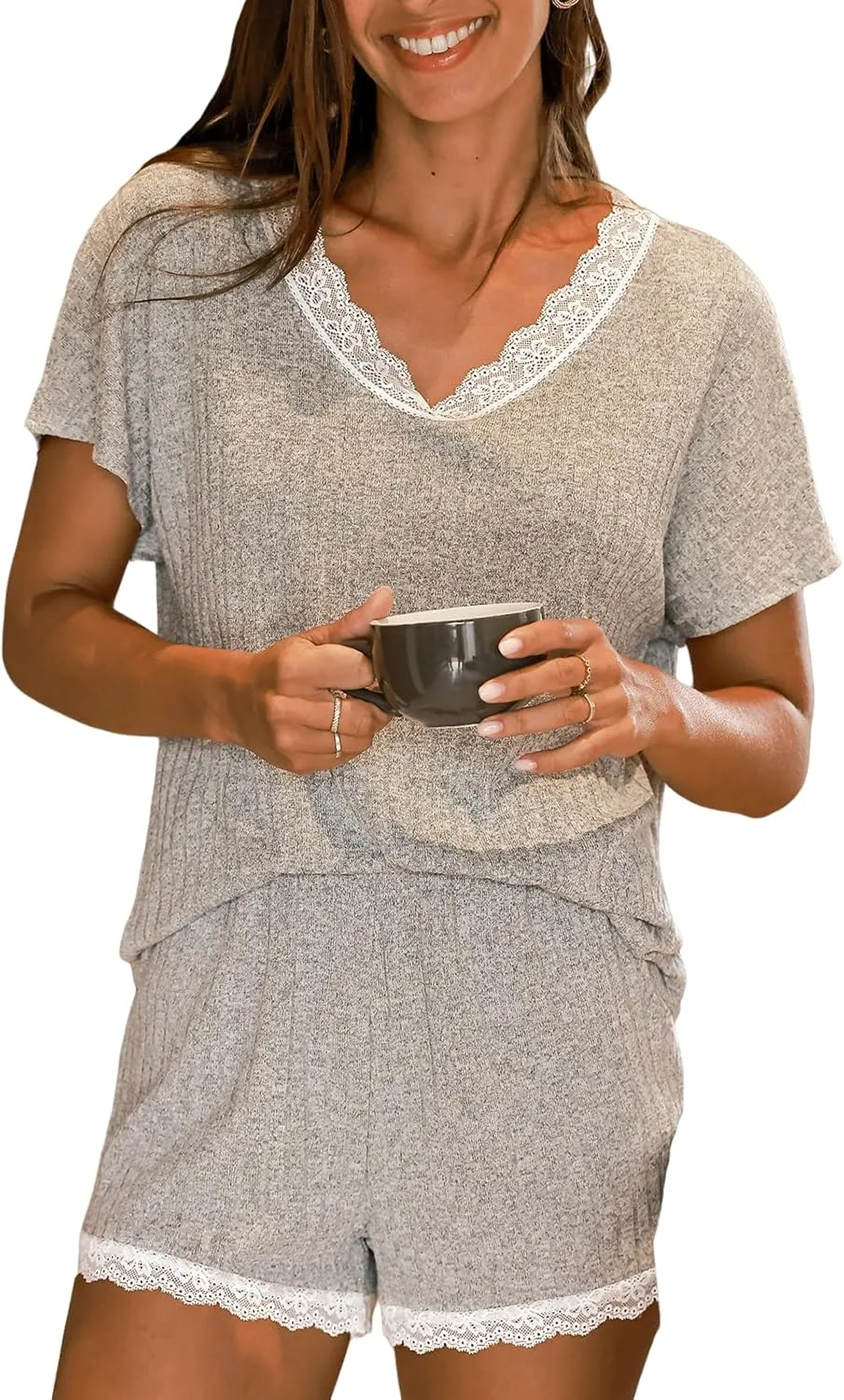 CUPSHE Short Sleeve Pajama Sets for Women Casual Crew Neck 2 Piece Lounge Sets