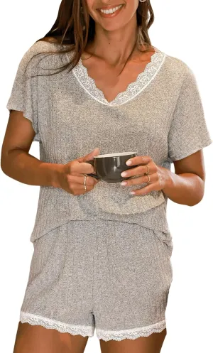CUPSHE Short Sleeve Pajama Sets for Women Casual Crew Neck 2 Piece Lounge Sets